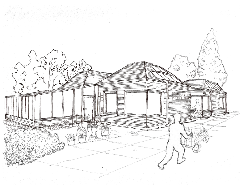 A black and white line drawing of the plans for the new building. It is wooden with lots of windows